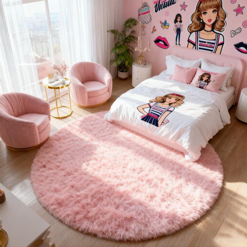 PAGISOFE Pink Round Rugs 5Ft, Circle Rugs for Girls Bedroom, Fluffy Carpets for Girls Room, Shaggy Rug, Indoor Small Teepee Furry Mat, Comfy Reading Playmat, Circular Rugs for Kids Baby Nursery Room - Image 3
